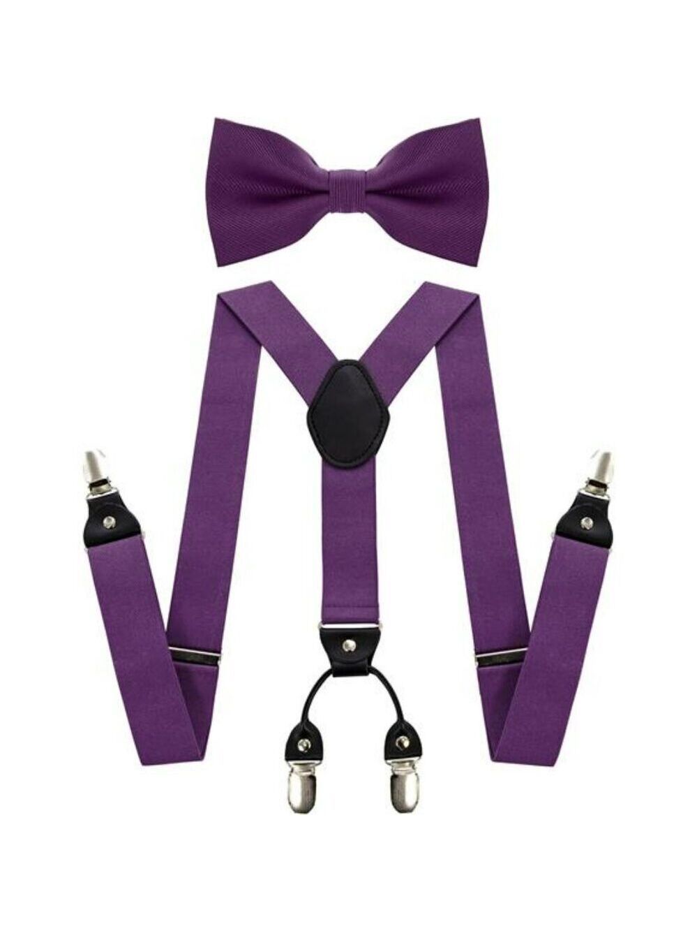 Mens Solid Color Suspenders Adjustable Y Back with Matching Silk Bow Tie Set